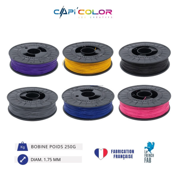 CAPIFIL-3 bobines COLOR–rose-violet-bleu foncé-noir-gris-jaune 250g